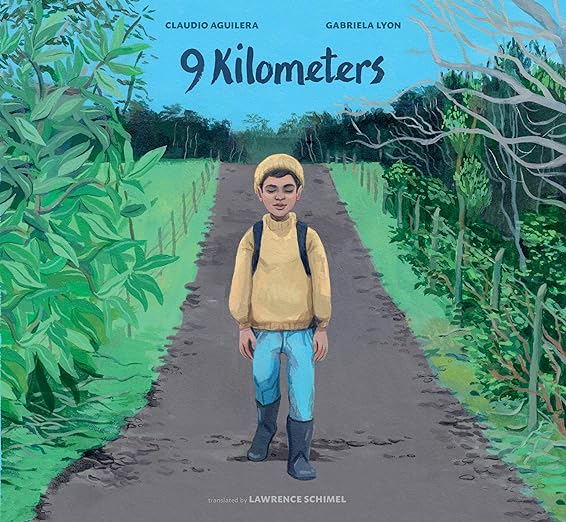 Cover of 9 Kilometers featuring an illustration of a young boy wearing a backpack walking down a dirt road with foliage lining it facing towards the viewer.