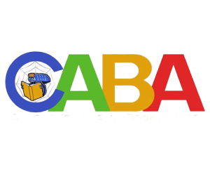 Hero image for the Howard University Center for AFrican Studies' Children's Africana Book Awards featuring the logo for the award depicting the acronym c.a.b.a in bright blue, green, orange-beige, and red colors with an illustration of a spider reading a book within the first letter.