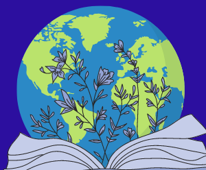 Hero Image for Outstanding International Books List (OIB) featuring an illustration of a globe with an open book with foliage protruding from it in the foreground on a dark bluish purple background.