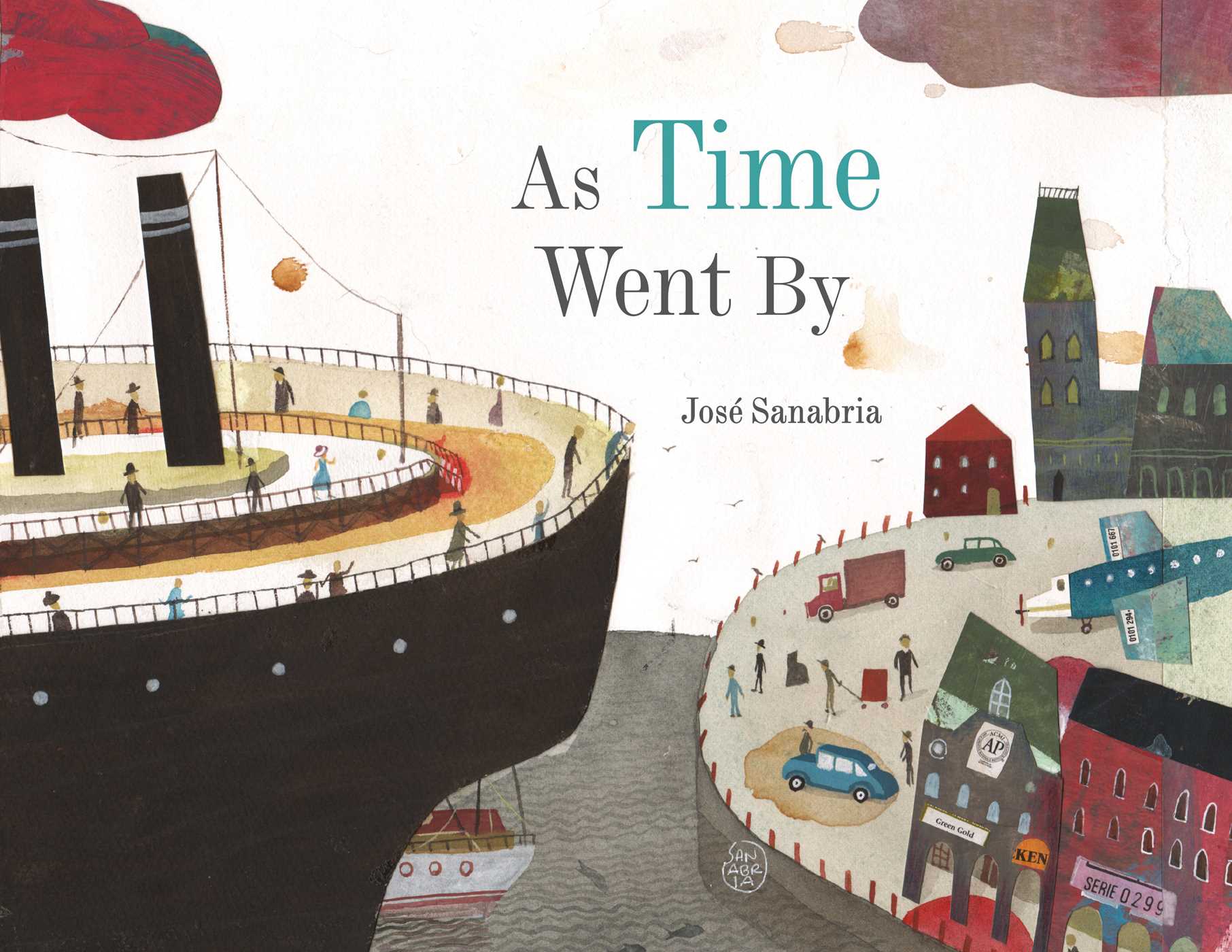 Cover for As Time Went By featuring an illustration of a ship either approaching or leaving a dock with people on the ship and people and buildings on the shore. The background is white and the clouds and smoke from the ship are red. There are red accents and a greenish brown color story in the shore's cityscape.