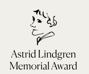 Hero image for the Astrid Lindgren Memorial Award featuring an inked logo for the award of Astrid Lindgren's face above he title of the award in a serif font on a beige background.