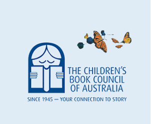 Hero image for the Children's Book Council of Australia's Children's Book of the Year featuring the council's logo depicting a graphic illustration of a child reading a book next to the organization's name and the text "Since 1945 - Your Connection to Story" below it all in dark blue on a light blue background. There is a graphic of butterflies flying in the top right of the image as well.