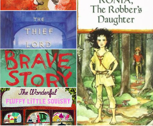 Hero image for the ALSC's Mildred L Batchelder Award featuring snippets of the covers of past winners combined into one image including titles such as The Thief Lord and Ronia, The Robber's Daughter.