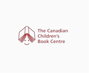 Hero image for the Canadian Children's Book Centre Awards featuring the organization's logo which is an illustration of an upside down open book with a smiley face underneath it next to the organization's name both in dark red text on an off-white background.