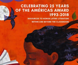 Hero image for the Consortium of Latin American Studies Programs' (CLASP) Americas Award featuring an illustration of a the top of a young girl's head who is reading a book in the foreground while a black bird flies overhead with the moon in the distance and the shadow of foliage artistically represented in her black hair on an orange-red background with the text "Celebrating 25 Years of the Américas Award 1993-2018: Resources to Honor Latinx Literature Within and Beyond the Classroom" over top.