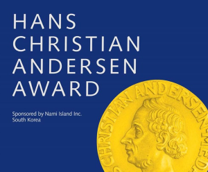 Hero image representing the Hans Christian Andersen Award featuring a gold coin on a blue background with the title of the award nearby.
