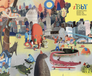Hero image for the IBBY Honour List depicting an illustration reminiscent of a children's book with a variety of different animals doing different activities with a town and cityscape in the background on a yellow background.