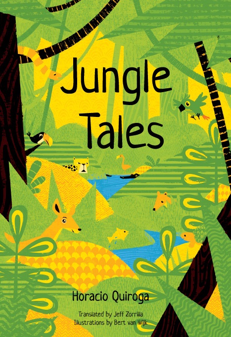 Cover for Jungle Tales featuring an overlapping illustration of a jungle using green and yellow textured elements with several animals peaking through the elements including a snake, toucan, leopard, flamingo, deer, alligator, and others with a blue river peaking through.