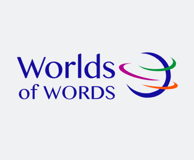 Hero image representing the Portals category featuring the logo for the Worlds of Words website depicting a simple graphic logo with the site's title and a globe-like image surrounded by three green, purple, and red flourishes.