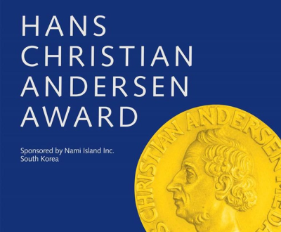 Hero image representing the Prizes category featuring a visual representation of the Hans Christian Andersen Award depicting a gold coin on a blue background with the title of the award nearby.