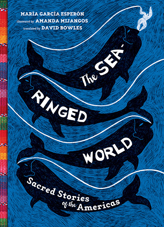 Cover for The Sea-Ringed World featuring an illustration of four whales with human-like faces with white flourishes emerging from their face back towards their tales. The water around them is a textured blue and black and along the left side of the cover is a rainbow border that appears to be woven and photo-realistic.