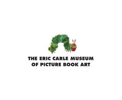 Hero Image for the Virtual Exhibits category featuring the Eric Carle Museum of Picture Book Art. It's logo features an iconic illustration of a caterpillar with a green body and red head with the title of the museum in black helvetica-like block letters below it. Everything is on a white background.