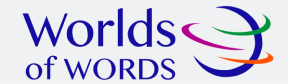 Image of the Worlds of Words logo with the name of the organization in dark blue and four colorful graphic flourishes in green, purple, red, and blue resembling a globe surrounded by wind on a gray background.