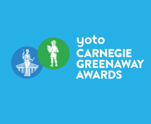 Hero image for the CILIP: The Library Information Association's Yoto Carnegie's featuring the text "yoto Carnegie Greenaway Awards" on a bright light blue background and two round emblems to the left within a darker blue and green circle depicting a female statue holding a scroll and staff in front of a greek-columned building and a young child with their back turned reading a book respectively.