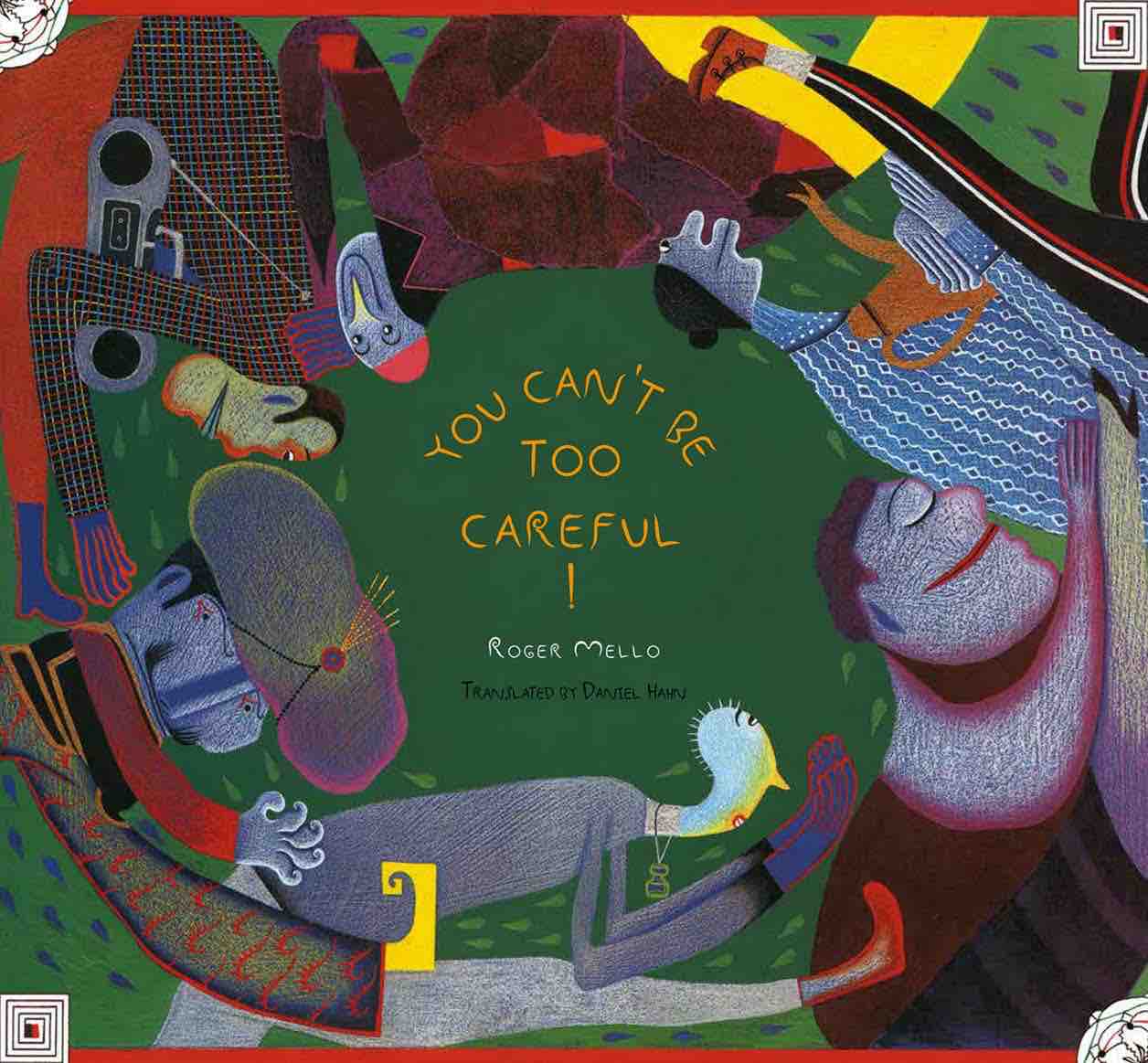 Cover for You Can't Be Too Careful featuring a stylized illustration of a series of human-like characters walking in a circle surrounding the cover's title on a dark green background.