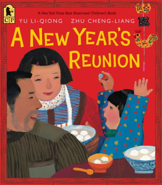 Cover for A New Year's Reunion featuring an illustration of a family at a table eating soup. The child is holding up a coin to her two parents. The background is red and the title is gold.