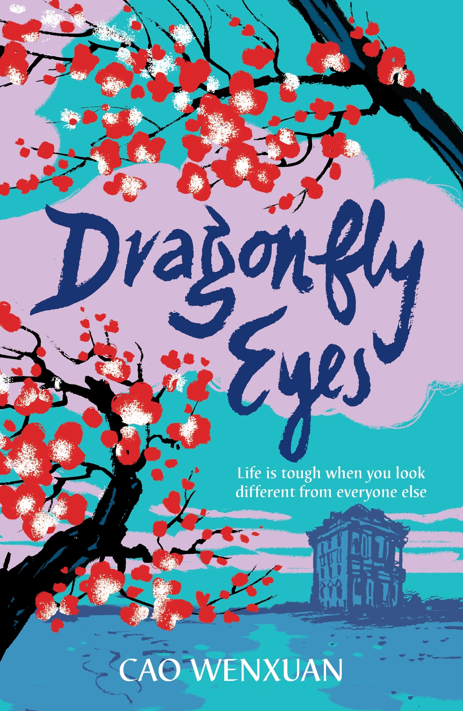 Cover of Dragonfly Eyes featuring an illustration of tree branches with red flowers in the foreground and a building inn the background in blue. The title is in large purple letters within a lighter purple cloud.