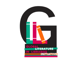 Image of the GLLI (Global Literature in Libraries Initiative) logo which is a large black G with a green, reddish-pink, and orange book inside of it sitting on top of a stack of books with the name of the initiative in the foreground.