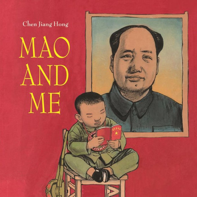 Cover for Mao and Me featuring an illustration of a child in a chair with a schoolbag hanging on it reading Mao's Little Red Book with a portrait of Mao in the background. The background color is red and the text is gold.