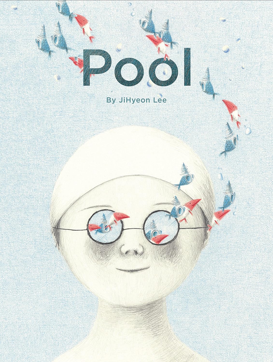Cover for Pool featuring a pencil illustration of the face of a young girl with goggles and a swim cap on and fish are emerging from her goggles as if swimming through and from them. The background is a textured bluish white.