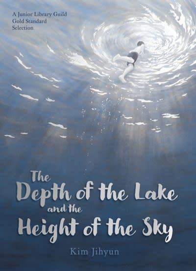 Cover for The Depth of the Lake and the Height of the Sky featuring an illustration of a boy who is swimming and breaching from the perspective that you are deep in the water underneath them.