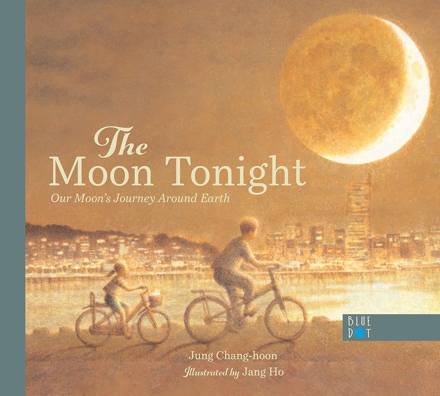 Cover for The Moon Tonight featuring a hazy yellow beige illustration of an older person and a child biking along the banks of a river in a city atmosphere with a large waxing crescent moon above the skyline.