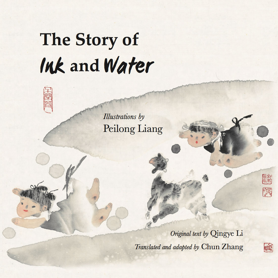 Cover for The Story of Ink and Water featuring a watercolor illustration in black and nude on a cream background suggesting two young children and an animal running by.