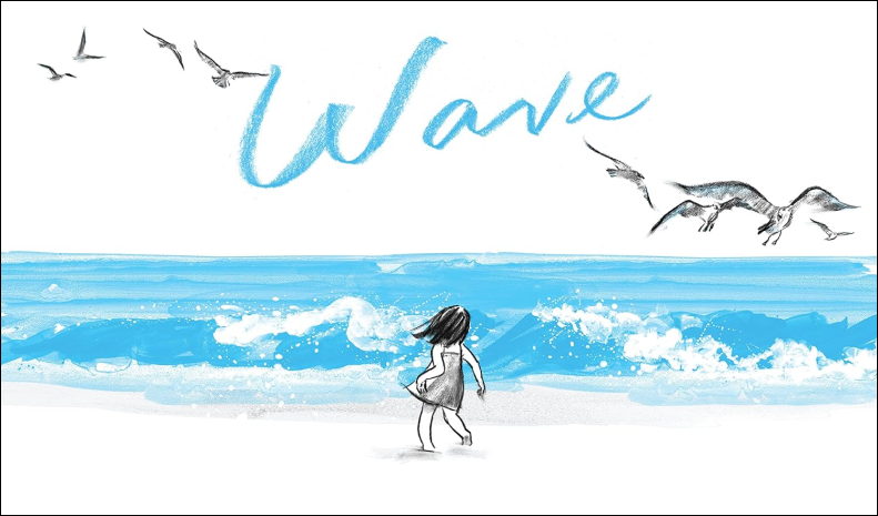 Cover of Wave featuring an illustration of a young girl on the shore of a wavy beach with seagulls in the sky on a white background.