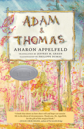 Cover of Adam and Thomas featuring a stylistic illustration of a forest with pink flourishes outlining trees and leaves. The title on the cover is presented in a frame lined with sticks and the lettering itself is comprised of those same sticks.