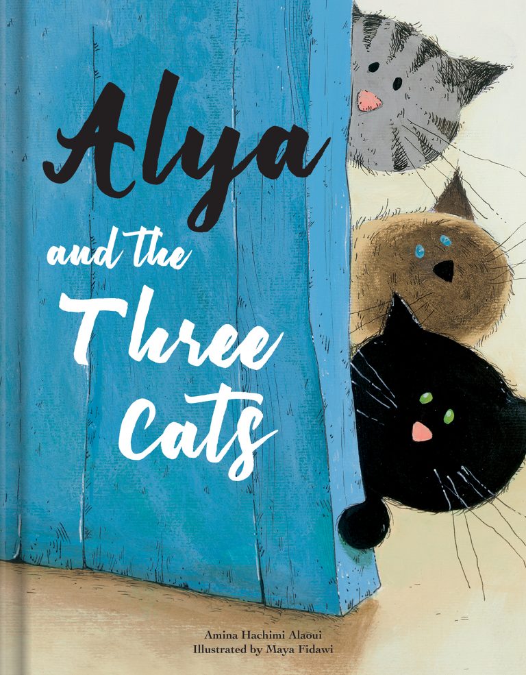 Cover for Alya and the Three Cats featuring an illustration of a black, brown, and grey-striped cat peaking out from behind a blue wooden door.