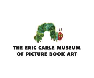 Hero Image for the Eric Carle Museum of Picture Book Art featuring an iconic illustration of a caterpillar with a green body and red head and the title of the museum in black helvetica-like block letters below it. Everything is on a white background.