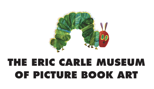 Post image for the Eric Carle Museum of Picture Book Art. It depicts an iconic illustration of a caterpillar with a green body and red head and the title of the museum in black helvetica-like block letters below it. Everything is on a white background.