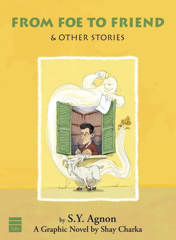 Cover for From Foe to Friend featuring an illustration of a man sitting at an open window with green shutters writing on an piece of paper with, unbeknownst to him, a ghost on the outskirts of the window frame with a brown leaf at his tale and a piece of paper in his hand and a goat below the frame looking up at the ghost. There's a frame around the scene and the background is different shades of yellow. The title on the cover is green like the window's shutters.