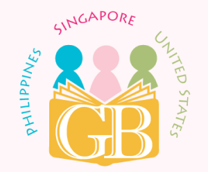 Hero image for Gathering Books featuring their logo with an illustration of a yellow open book with the letters GB in front of it and three figures of people (one blue, one pink, and one green) behind it. The text "Philippines", "Singapore", and "United States" in blue, pink, and green respectively encircle the image. The image has a light pink background.