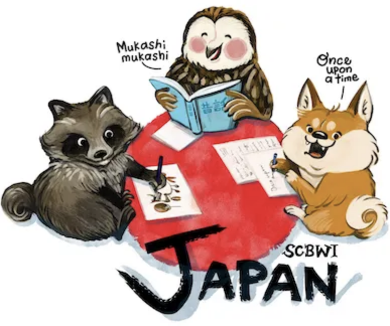 Hero image for the Ihatov blog featuring an SCBWI Japan logo which depicts an illustration of a raccoon, an oil, and a shiba inu sitting at a red round table coloring, writing, or reading. The shiba inu has a text bubble applied to them that reads "Once upon a time" and the owl has a text bubble applied to him that reads "Mukashi mukashi". The text "SCBWI Japan" is in the foreground in black.