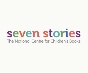 Hero image for Seven Stories, the virtual exhibit at The National Centre for Children's Books featuring their logo which is the text "seven stories" in all lowercase letters with alternating colors for each letter in purple, green, pink, and blue hues. Below it is the text "The National Centre for Children's Books" in a smaller font in light grey. The image is on an off-white background.