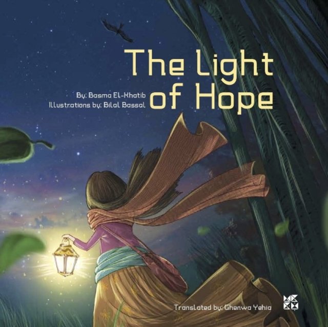 Cover for The Light of Hope featuring an illustration of a girl with a lantern in her hand and her clothing including a skirt and scarf dramatically swept behind her walking through a grassy and vegetative setting with a starry purple blue night in the background.