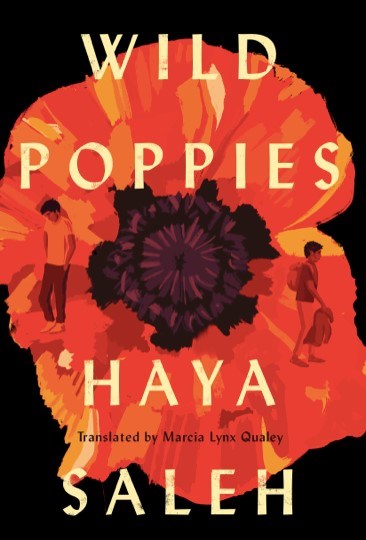 Cover of Wild Poppies featuring a large vibrant orange poppy illustration on a black background with two school age boys, one with a backpack on, illustrated within the poppy's petals on either side facing away from each other.