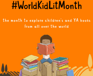Hero image for the World Kit Lit Blog featuring an illustration of a young African-American child sitting and reading an open book with stacks of books around him. There is a bright orange background and on top is black text that reads "#WorldKidLitMonth" and white text that reads "the month to explore children's and YA books from all over the world".