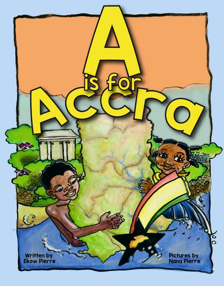 Cover for A is for Accra featuring an illustration of two children hugging a country. In the background is foliage and buildings and in the foreground is water and a black star with red, yellow, and green flourishes emitting from it. Behind these elements is a background of orange and a greyish sage green as well as a jagged light blue border around the entirety of the cover. The title is displayed in bright yellow.