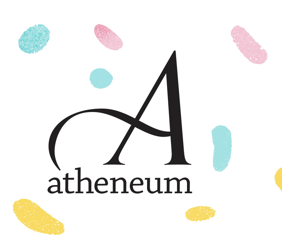 Post image for Atheneum Books for Young Readers which features the logo for Atheneum Books which is an large A where the horizontal line within the A extends beyond the letter's borders and creates a flourish. Below it is the name atheneum in all lowercase letters in a sans-serif font. The logo is surrounded by pastel, pink, blue, and yellow dots.