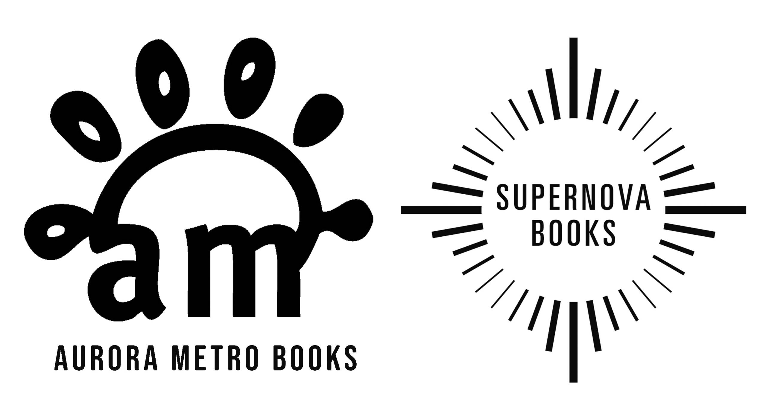 Post image for Aurora Metro Books featuring their logo which is the lowercase letters "a" and "m" next to each other with a halo graphic above them where jewel-like drop graphics line it and the name Aurora Metro Books in all caps and a sans-serif font below it next to the logo for Supernova Books to the right with that name in all caps surrounded by lines imitating rays in a square formation around it.