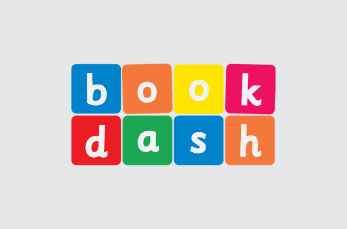 Hero image for Book Dash featuring the organizations logo which is the name "Book Dash" in all lowercase letters with each letter in a different brightly colored blue, orange, yellow, pink, red, or green block on a gray background.