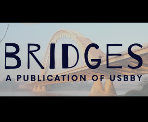 Hero image for Bridges: A Publication of USBBY featuring a photograph of a bridge in the background and the publication's name in black over top of it. There is a thick black border on the top and bottom of the hero image.