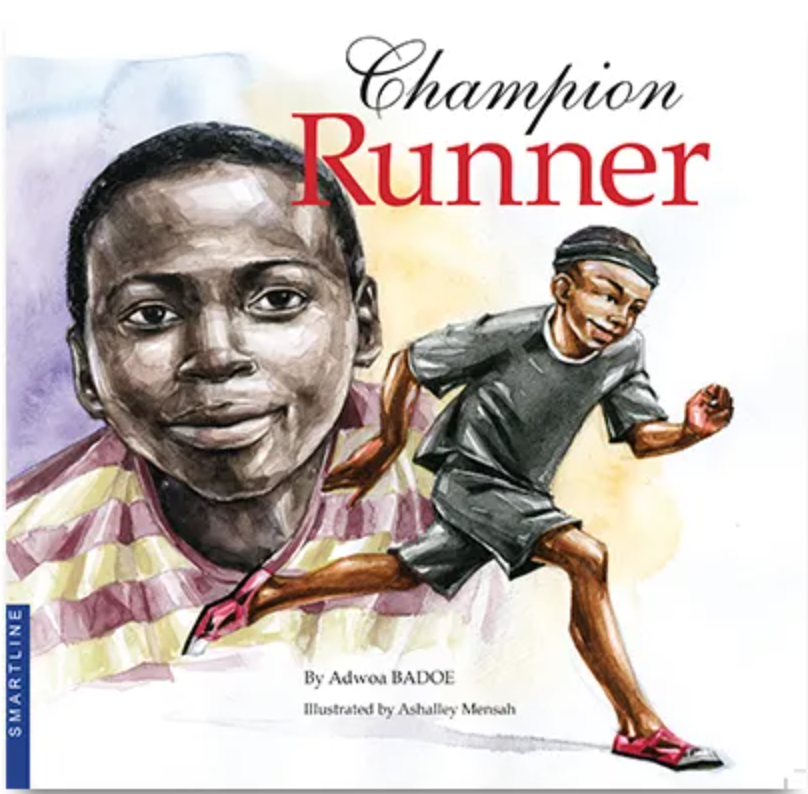 Cover for Champion Runner featuring a pencil illustration of a young boy in track gear running to the right and a portrait of a boy's face with a striped t-shirt on in the background. The background is white and the title is in cursive black for the word "Champion" and in a bright red serif font for the word "Runner".
