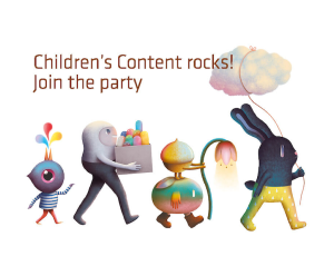 Hero image for Fundación Cultural Entrelíneas (Between the Lines Cultural Foundation) featuring an illustration on a white background of four whimsical characters from a walking eyeball to a rabbit holding a cloud on a tether walking in single file to the right with the text "Children's Content rocks! Join the party" displayed above them in a reddish brown color.
