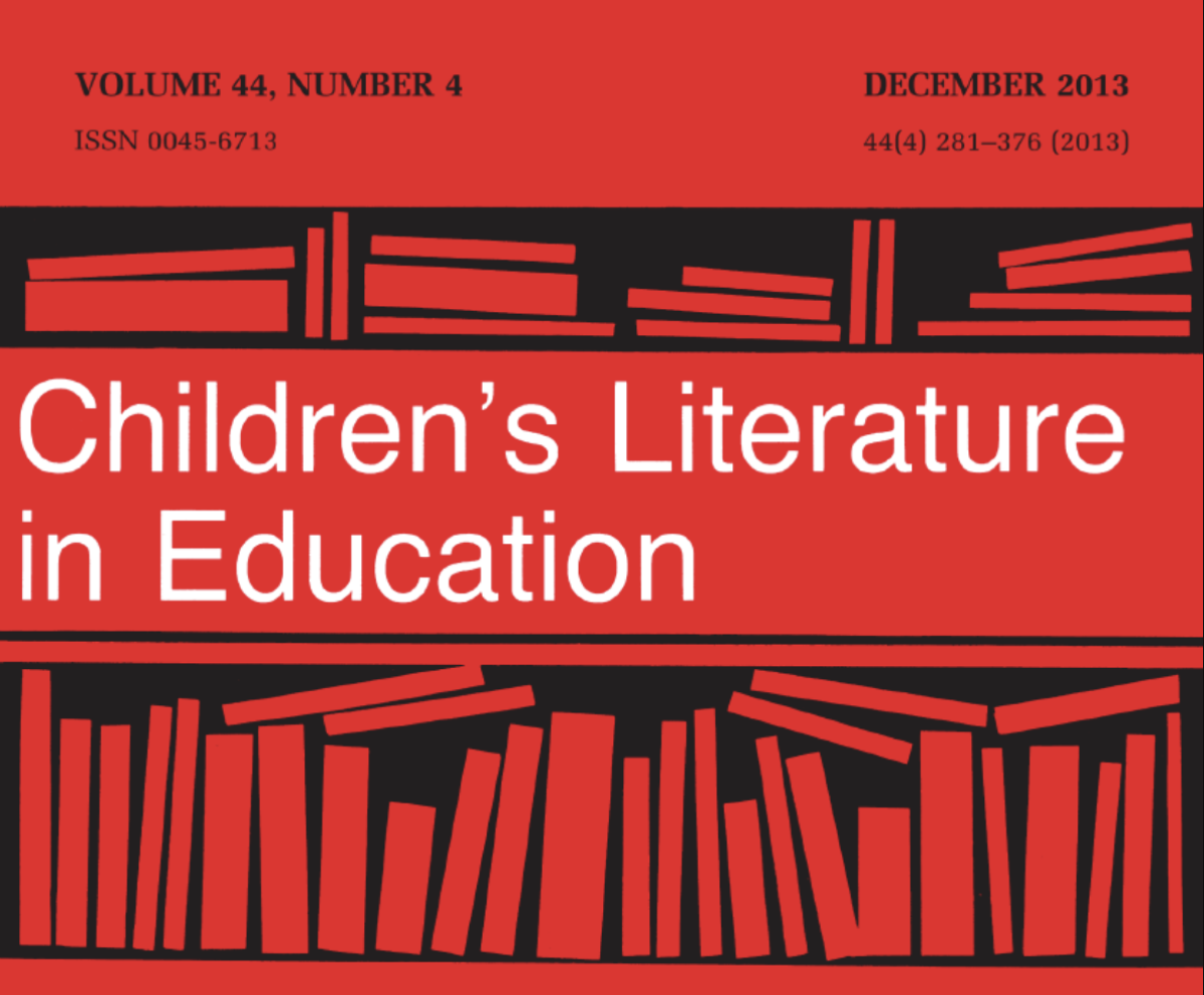 Hero image for Children's Literature in Education featuring an excerpt from one of the journals' journal covers which is bright red with a black graphic depicting books in shelves. The journal title is displayed in white and the journal edition information is displayed in black.