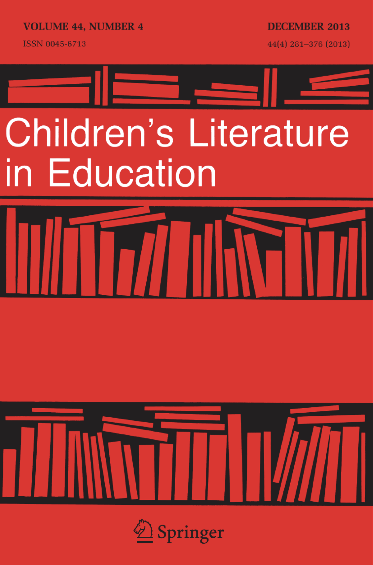 Post image for Children's Literature in Education featuring the cover of one of the journals' editions which is bright red with a black graphic depicting books in shelves. The journal title is displayed in white and the journal edition information is displayed in black.