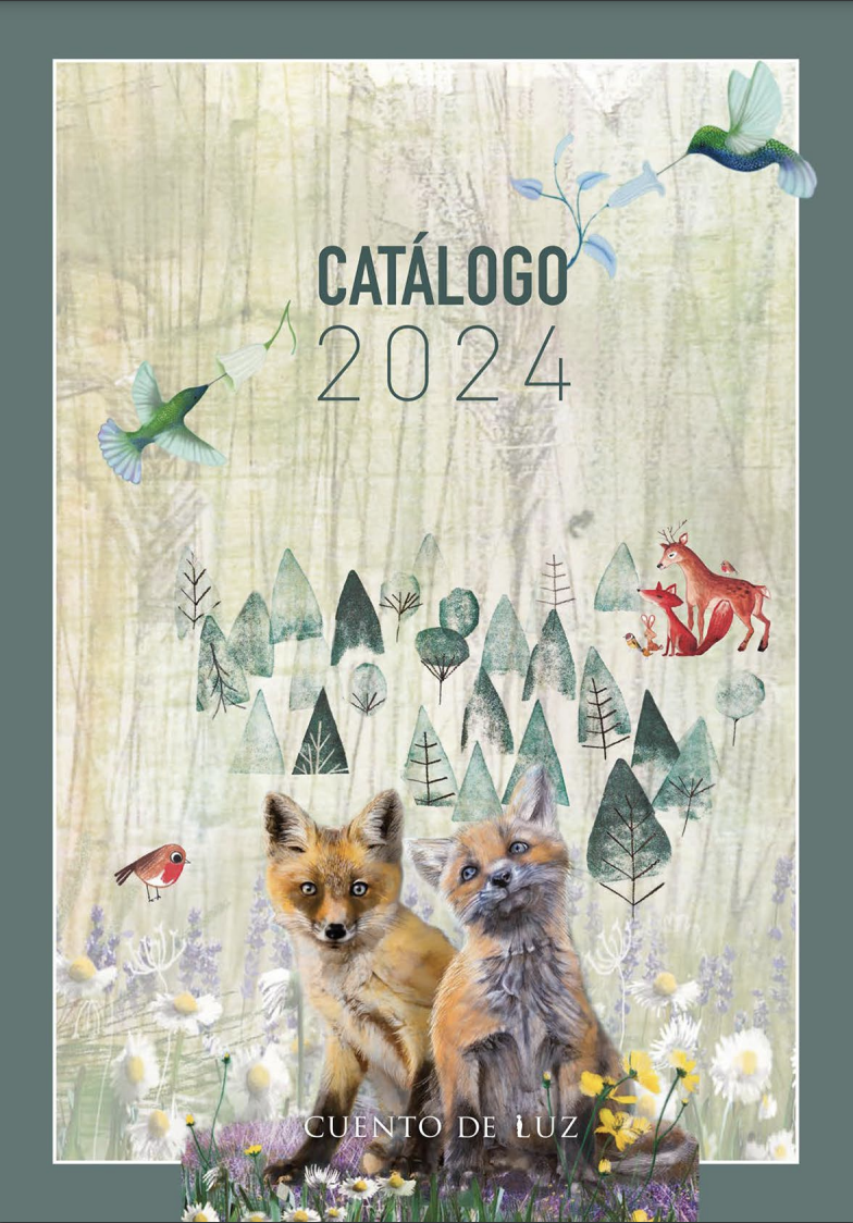 Post image for Cuento de Luz featuring a cover of one of their catalogues which has an illustration of two foxes in a forest surrounded by a muted green border.