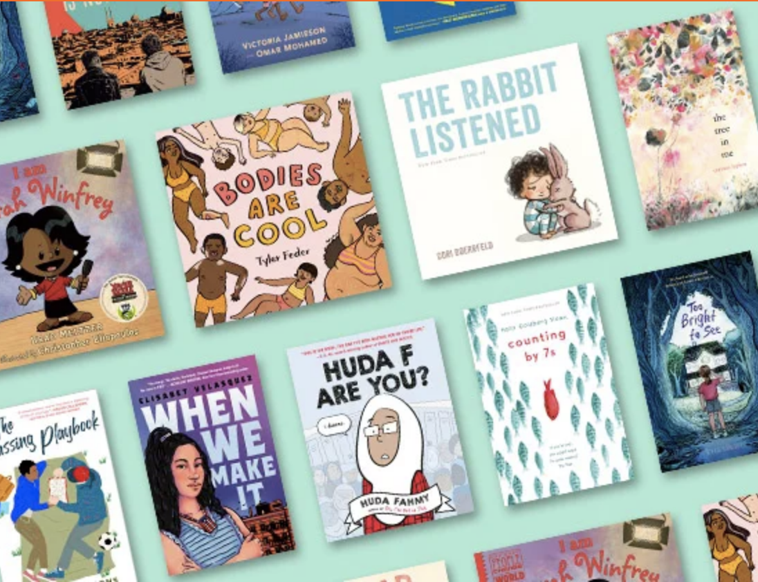 Post image for Dial Books for Young Readers featuring a picture where several of the books they have published are laid out in a row and skewed diagonally then displayed as if photographed from the top on a mint green background.